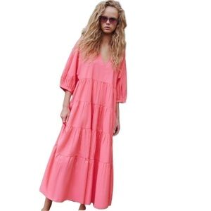 ZARA Tiered Poplin Pink Dress Medium